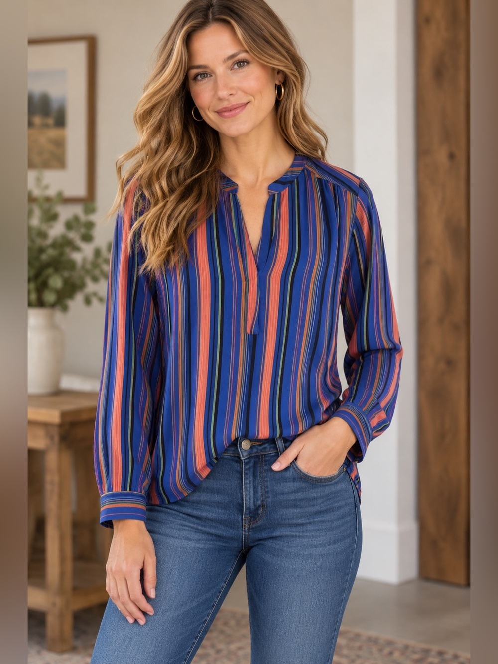 Allison Joy sz L blue, pink, and green striped long sleeve shirt NWT